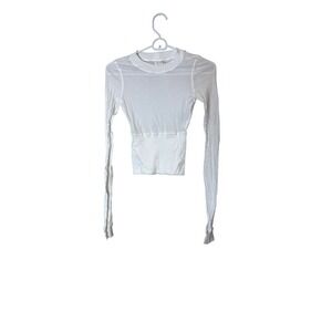 Lin Edition Womens XS White Long Sleeve Crew Neck Cropped Stretch Tee Top Solid